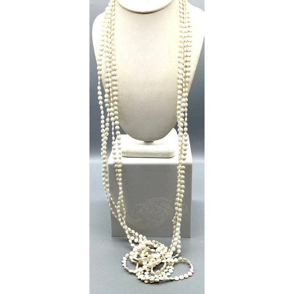 Vintage Plastic Multi Strand Necklace, Hong Kong, Basic White Round Beads, Four - Picture 1 of 6